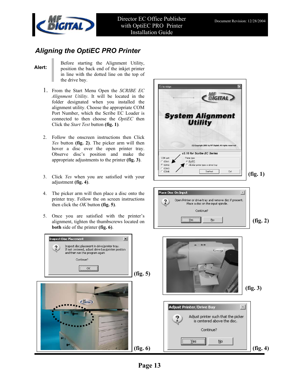 Page 13, Aligning the optiec pro printer | MF Digital DirectorEC OP OptiEC PRO User Manual | Page 13 / 14