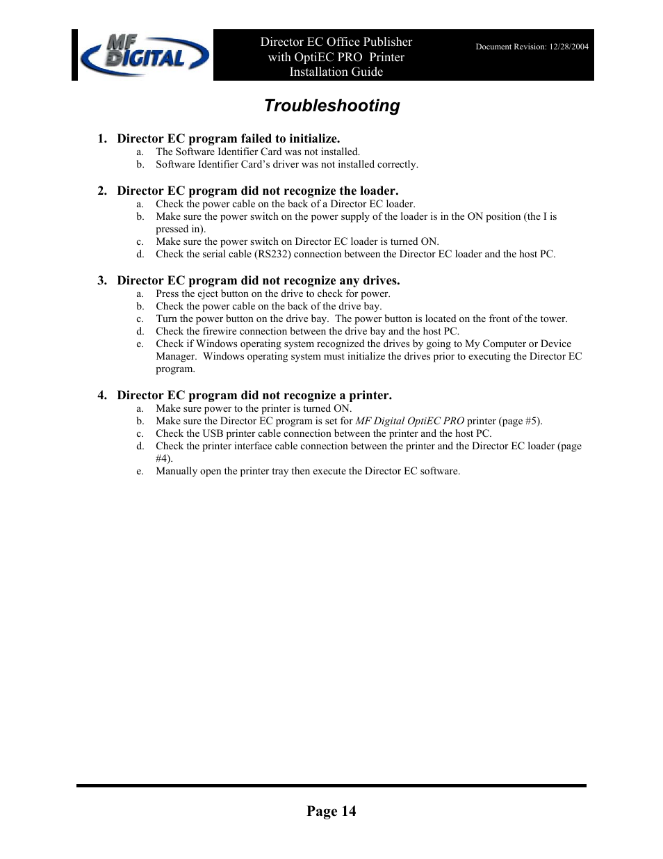 Troubleshooting, Page 14 | MF Digital DirectorEC OP OptiEC PRO User Manual | Page 14 / 14