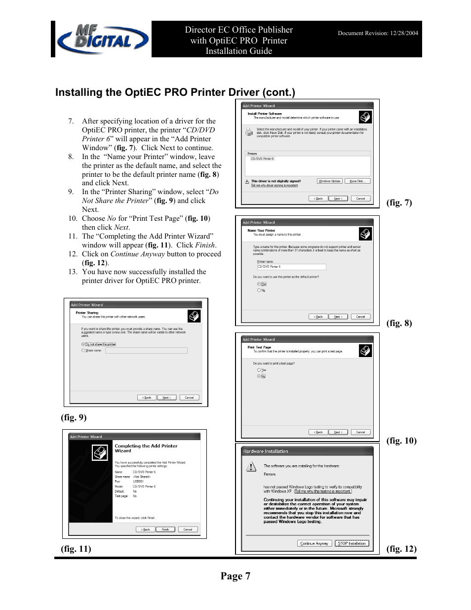 Page 7, Installing the optiec pro printer driver (cont.) | MF Digital DirectorEC OP OptiEC PRO User Manual | Page 7 / 14