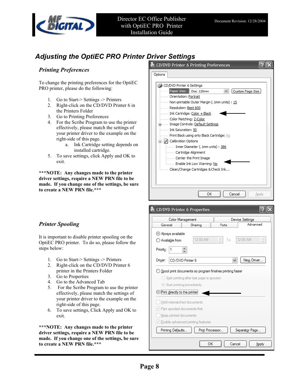 Page 8, Adjusting the optiec pro printer driver settings | MF Digital DirectorEC OP OptiEC PRO User Manual | Page 8 / 14