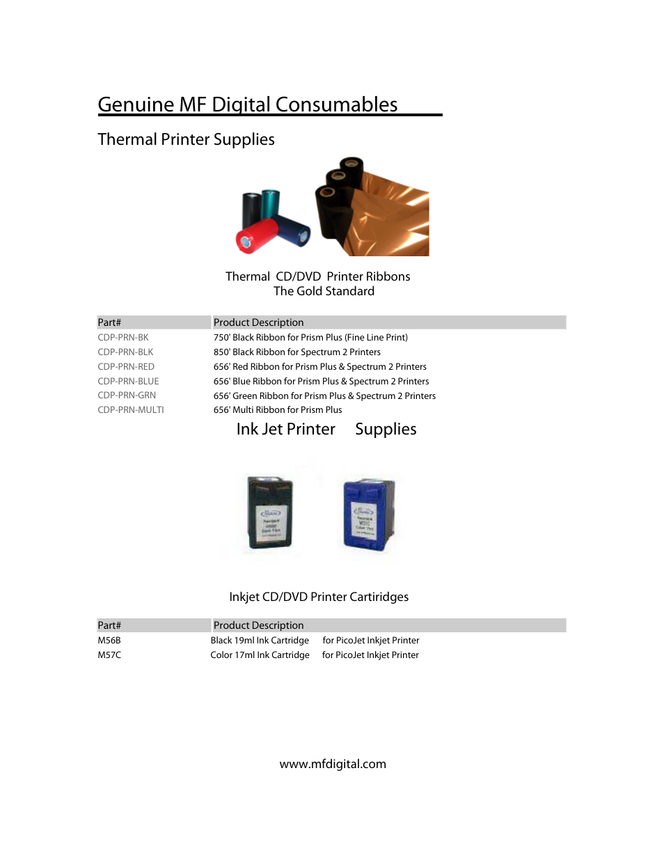 Genuine mf digital consumables, Thermal printer supplies, Ink jet printer supplies | MF Digital SCRIBE 9600 User Manual | Page 12 / 12