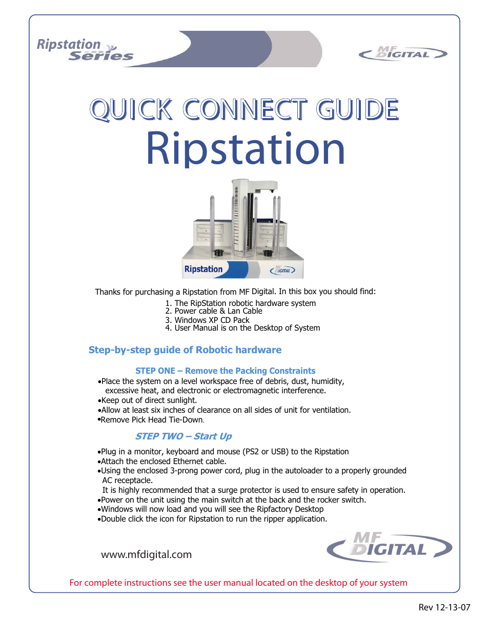 MF Digital Ripstation Quick Start Guide User Manual | 1 page