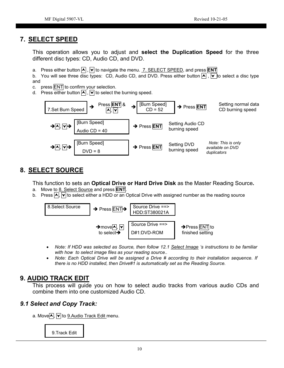 Select speed, Select source, Audio track edit | 1 select and copy track | MF Digital 5907-VL CD/DVD Tower User Manual | Page 11 / 23