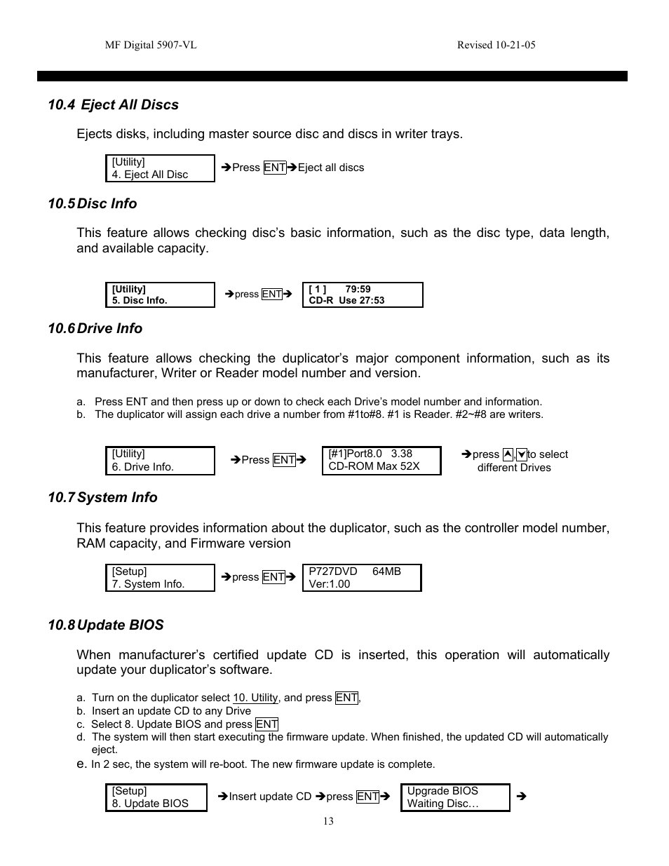 4 eject all discs, 5 disc info, 6 drive info | 7 system info, 8 update bios | MF Digital 5907-VL CD/DVD Tower User Manual | Page 14 / 23