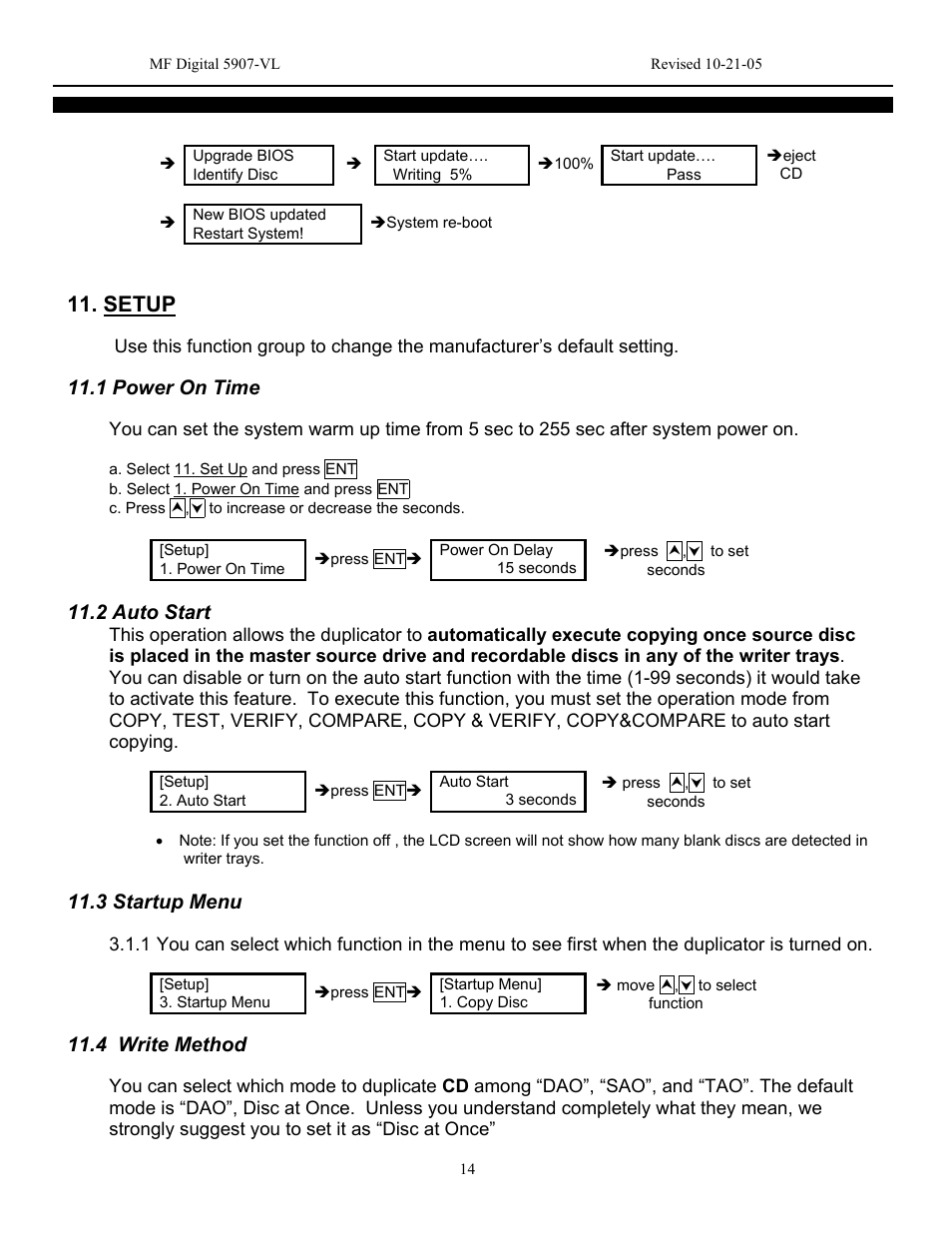 Setup, 1 power on time, 2 auto start | 3 startup menu, 4 write method | MF Digital 5907-VL CD/DVD Tower User Manual | Page 15 / 23