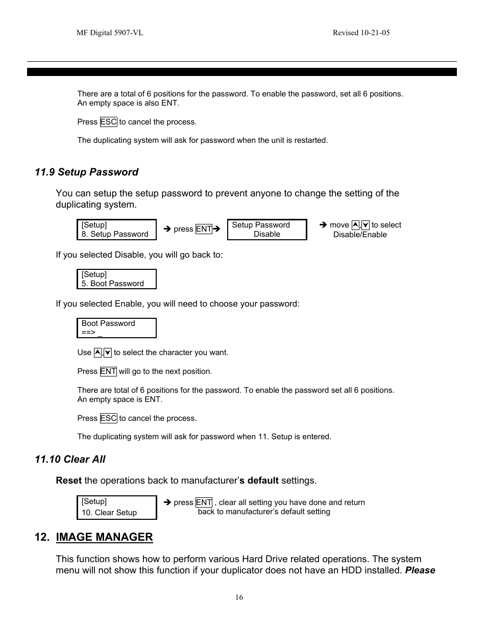 Image manager, 9 setup password, 10 clear all | MF Digital 5907-VL CD/DVD Tower User Manual | Page 17 / 23