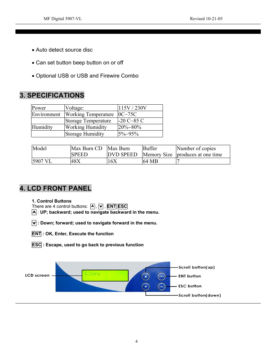 Specifications, Lcd front panel | MF Digital 5907-VL CD/DVD Tower User Manual | Page 5 / 23