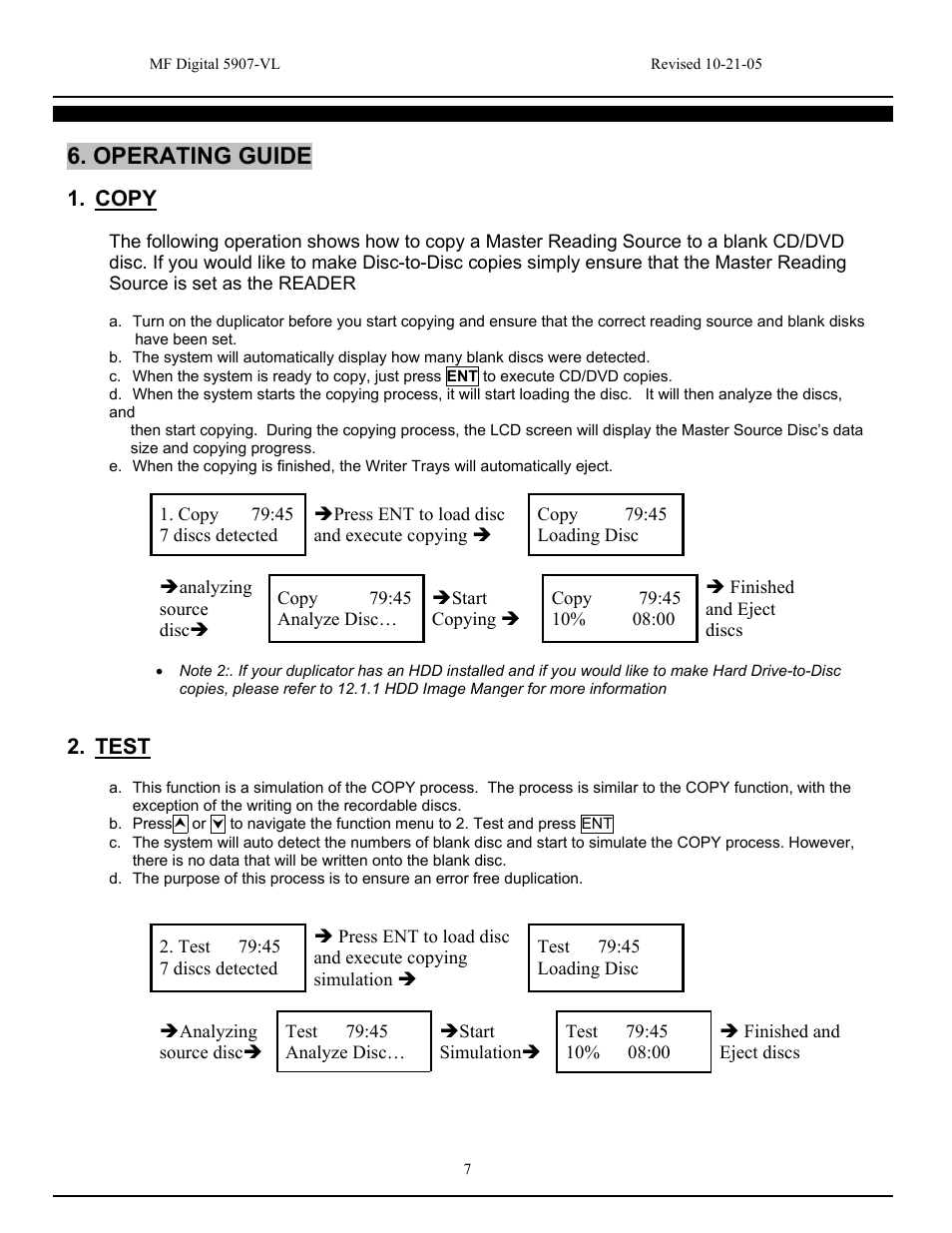 Operating guide, Copy, Test | MF Digital 5907-VL CD/DVD Tower User Manual | Page 8 / 23