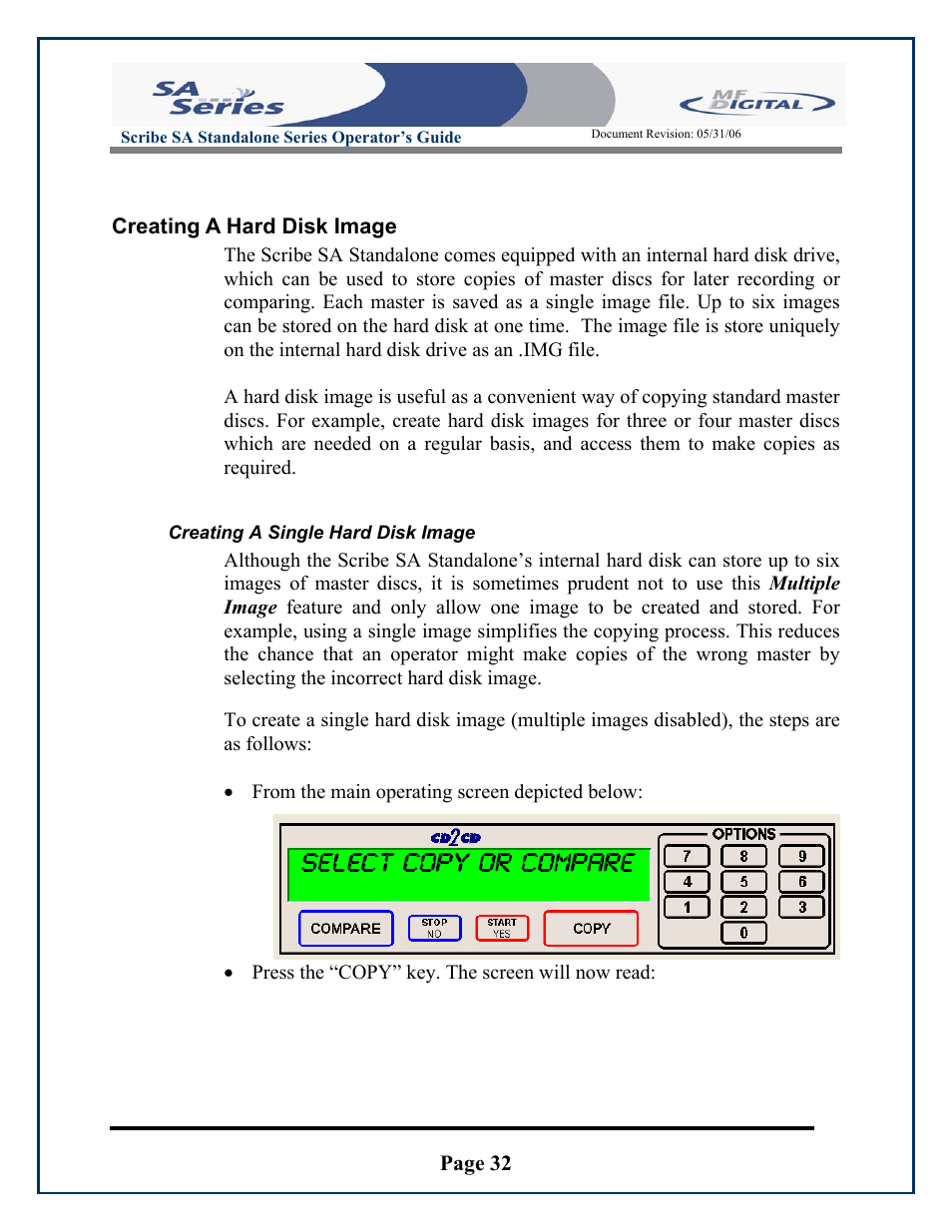 Page 32, Creating a hard disk image, Press the “copy” key. the screen will now read | Creating a single hard disk image | MF Digital SCRIBE SA 3000 User Manual | Page 32 / 72