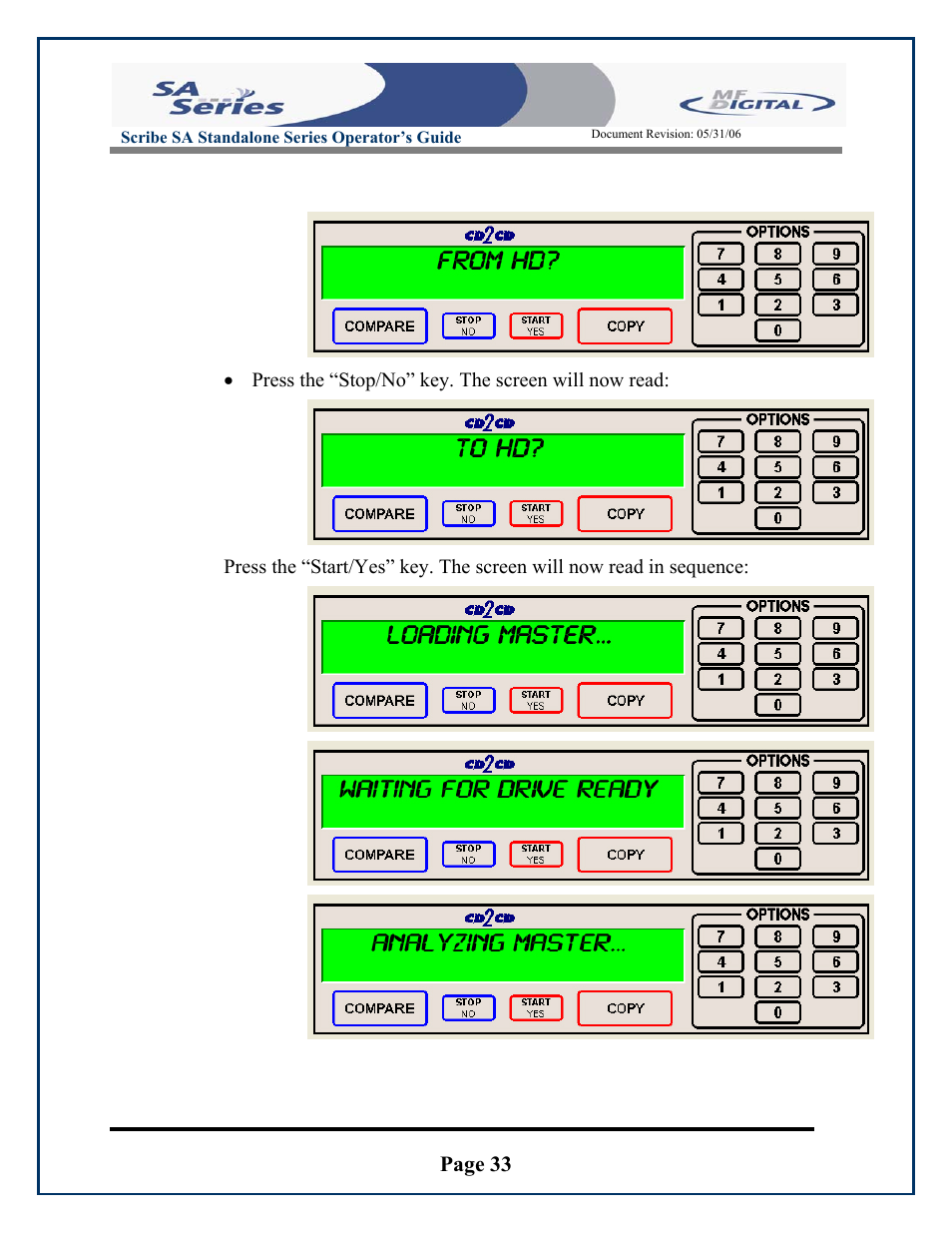 Page 33, Press the “stop/no” key. the screen will now read | MF Digital SCRIBE SA 3000 User Manual | Page 33 / 72