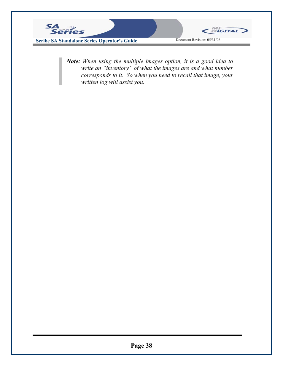 Page 38, Scribe sa standalone series operator’s guide | MF Digital SCRIBE SA 3000 User Manual | Page 38 / 72