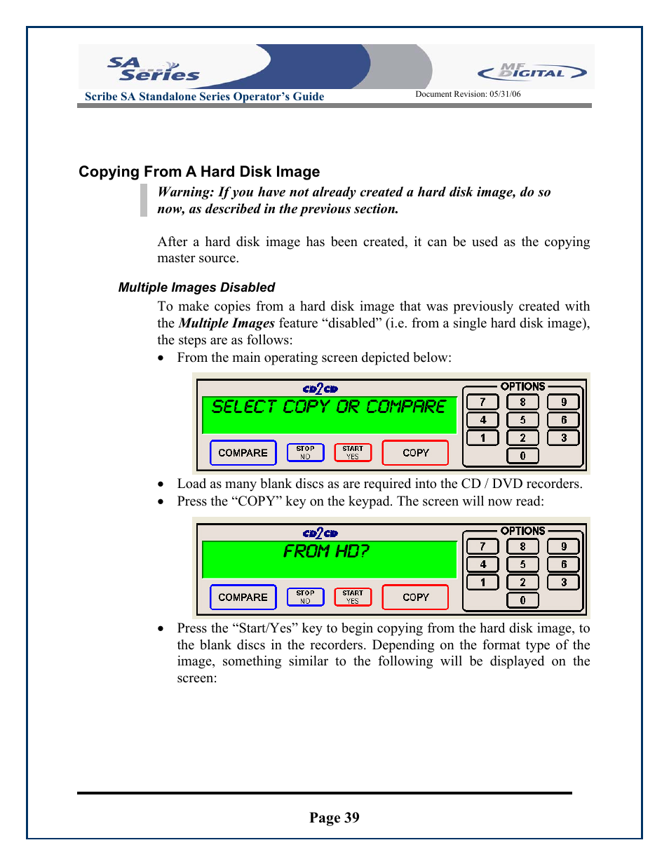 Page 39, Copying from a hard disk image, Multiple images disabled | MF Digital SCRIBE SA 3000 User Manual | Page 39 / 72