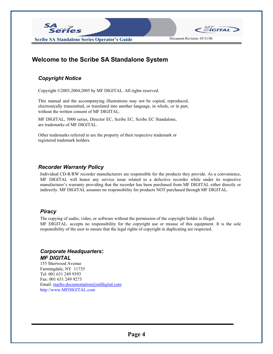 Page 4, Welcome to the scribe sa standalone system | MF Digital SCRIBE SA 3000 User Manual | Page 4 / 72