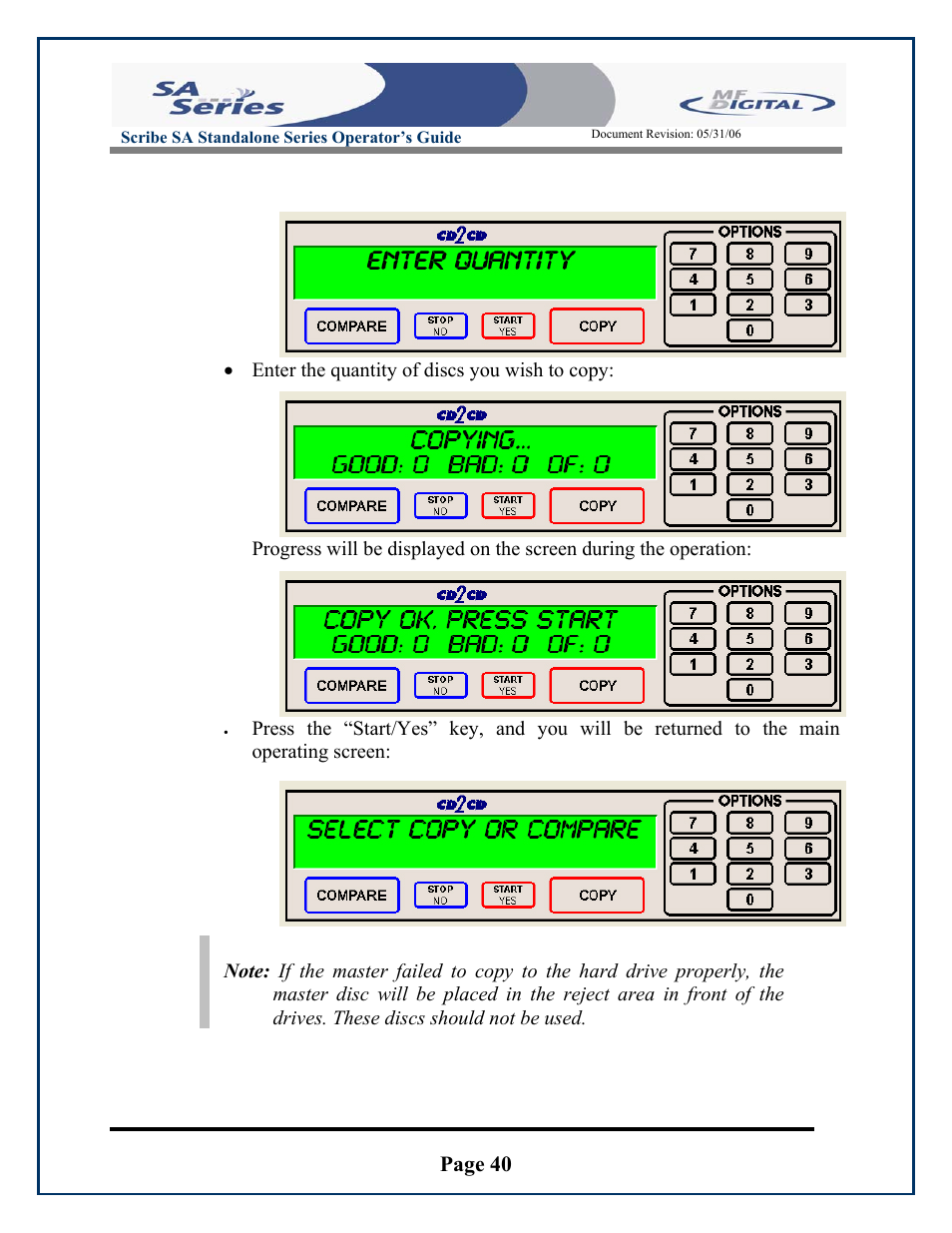 Page 40, Enter the quantity of discs you wish to copy, Scribe sa standalone series operator’s guide | MF Digital SCRIBE SA 3000 User Manual | Page 40 / 72