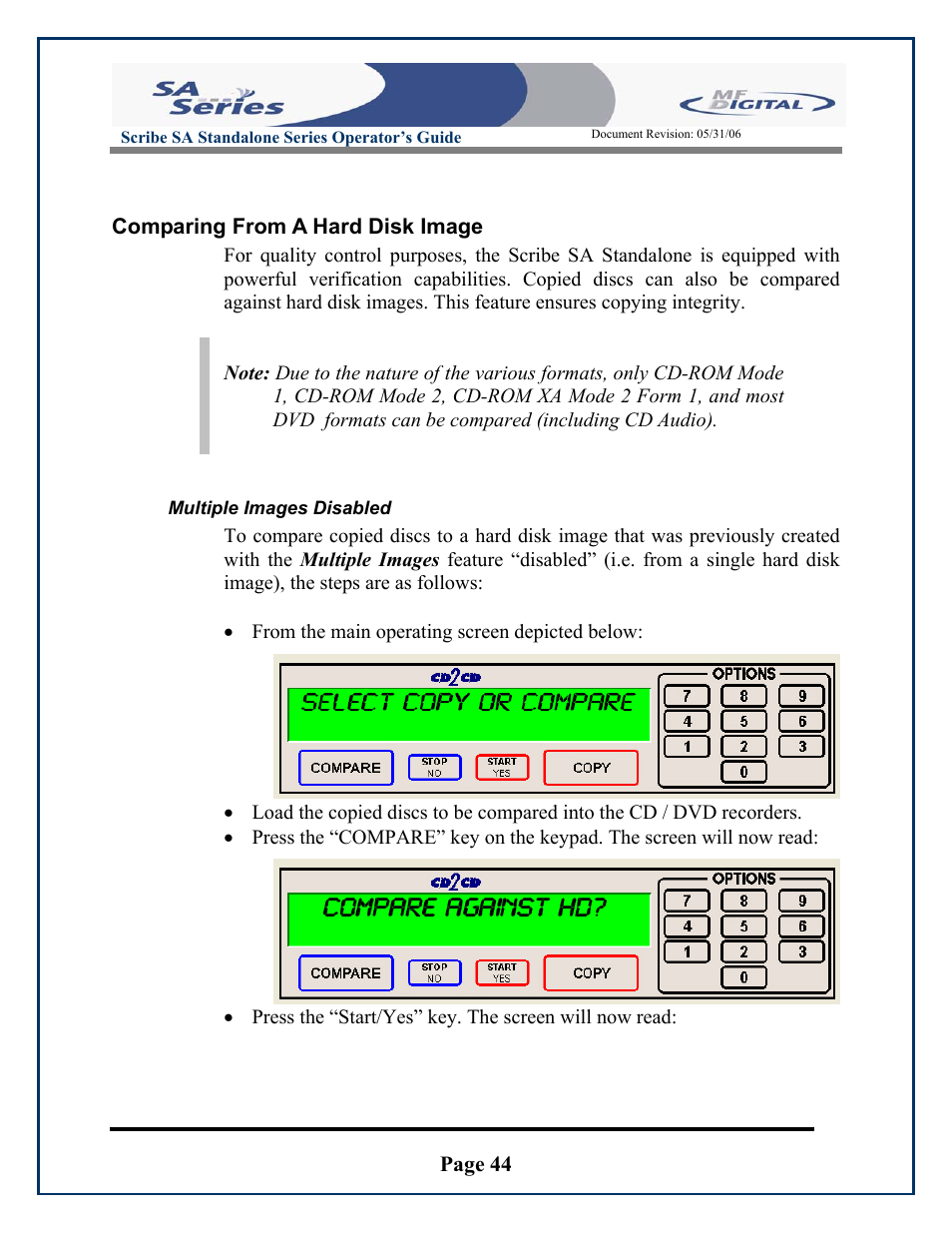 Page 44, Comparing from a hard disk image, Multiple images disabled | MF Digital SCRIBE SA 3000 User Manual | Page 44 / 72