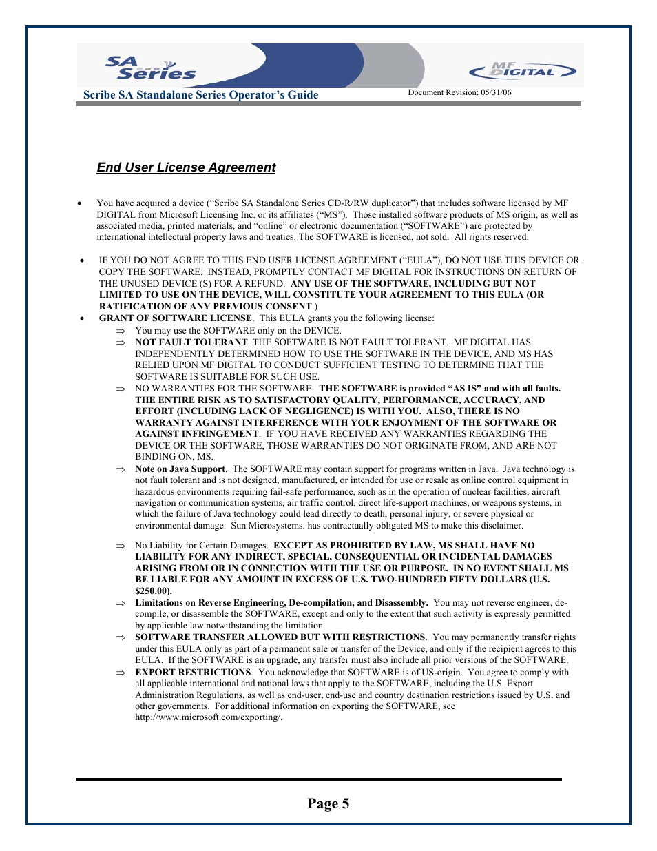 Page 5, End user license agreement, Scribe sa standalone series operator’s guide | MF Digital SCRIBE SA 3000 User Manual | Page 5 / 72