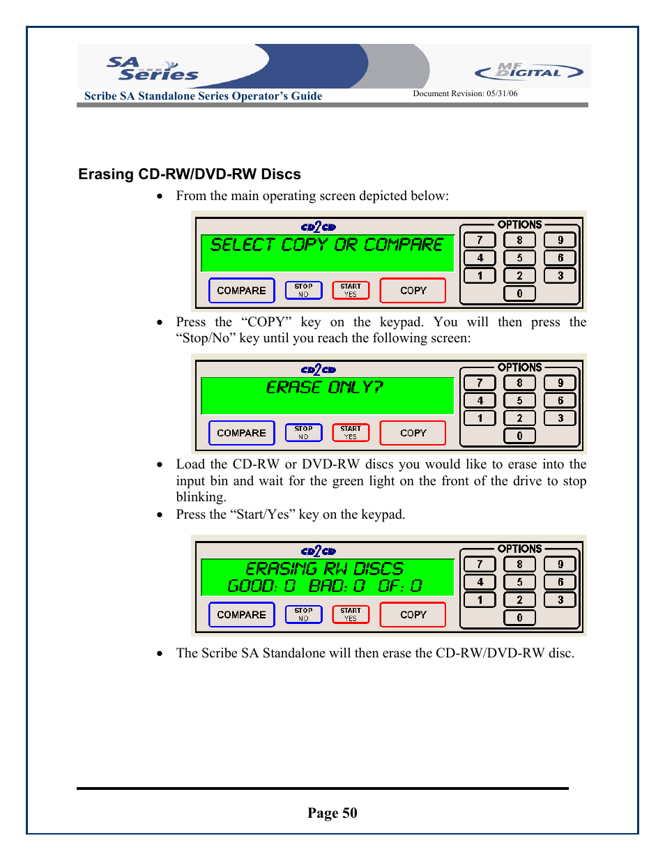 Page 50, Erasing cd-rw/dvd-rw discs | MF Digital SCRIBE SA 3000 User Manual | Page 50 / 72