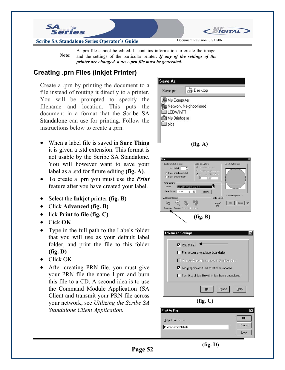 Page 52, Creating .prn files (inkjet printer) | MF Digital SCRIBE SA 3000 User Manual | Page 52 / 72