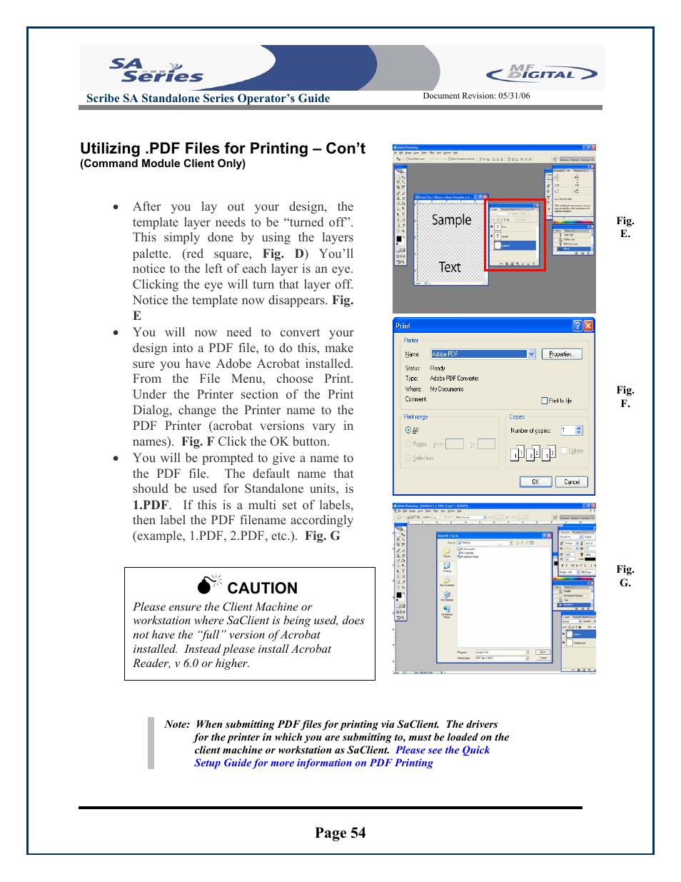 Page 54, Utilizing .pdf files for printing – con’t, Caution | MF Digital SCRIBE SA 3000 User Manual | Page 54 / 72