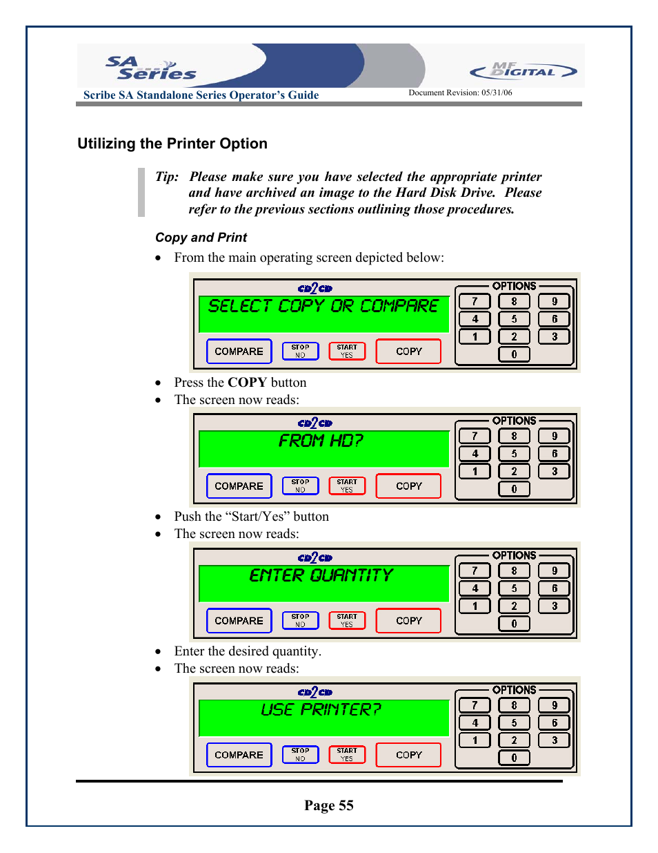 Page 55, Utilizing the printer option | MF Digital SCRIBE SA 3000 User Manual | Page 55 / 72