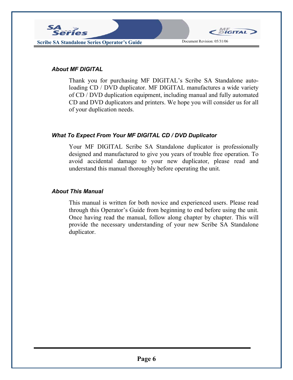 Page 6, About mf digital, About this manual | MF Digital SCRIBE SA 3000 User Manual | Page 6 / 72