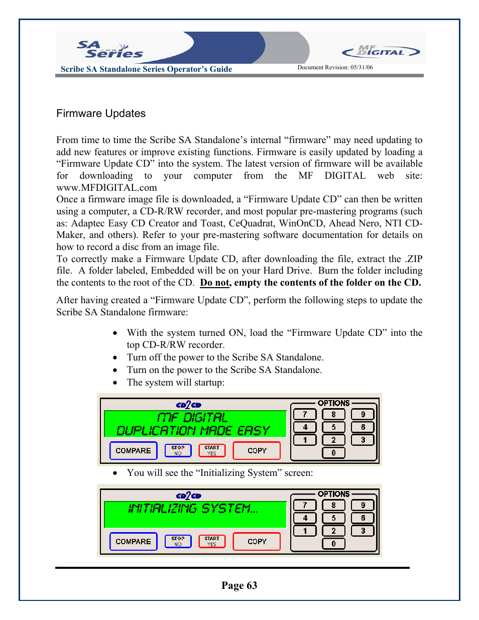 Page 63, Firmware updates, You will see the “initializing system” screen | MF Digital SCRIBE SA 3000 User Manual | Page 63 / 72