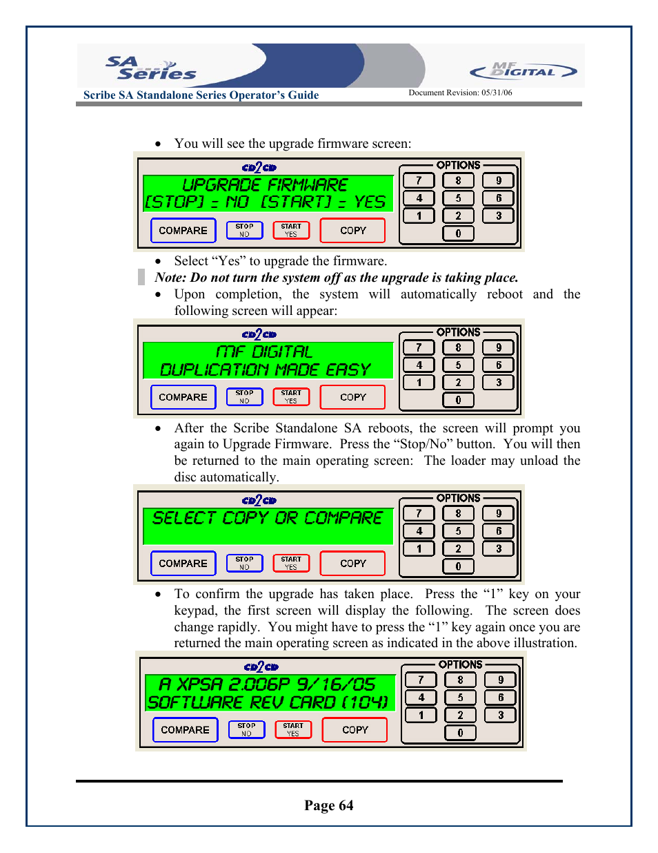 Page 64, You will see the upgrade firmware screen | MF Digital SCRIBE SA 3000 User Manual | Page 64 / 72