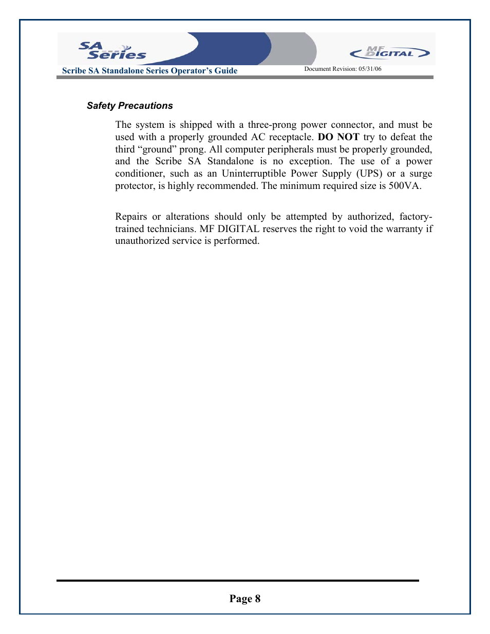 Page 8, Safety precautions, Scribe sa standalone series operator’s guide | MF Digital SCRIBE SA 3000 User Manual | Page 8 / 72