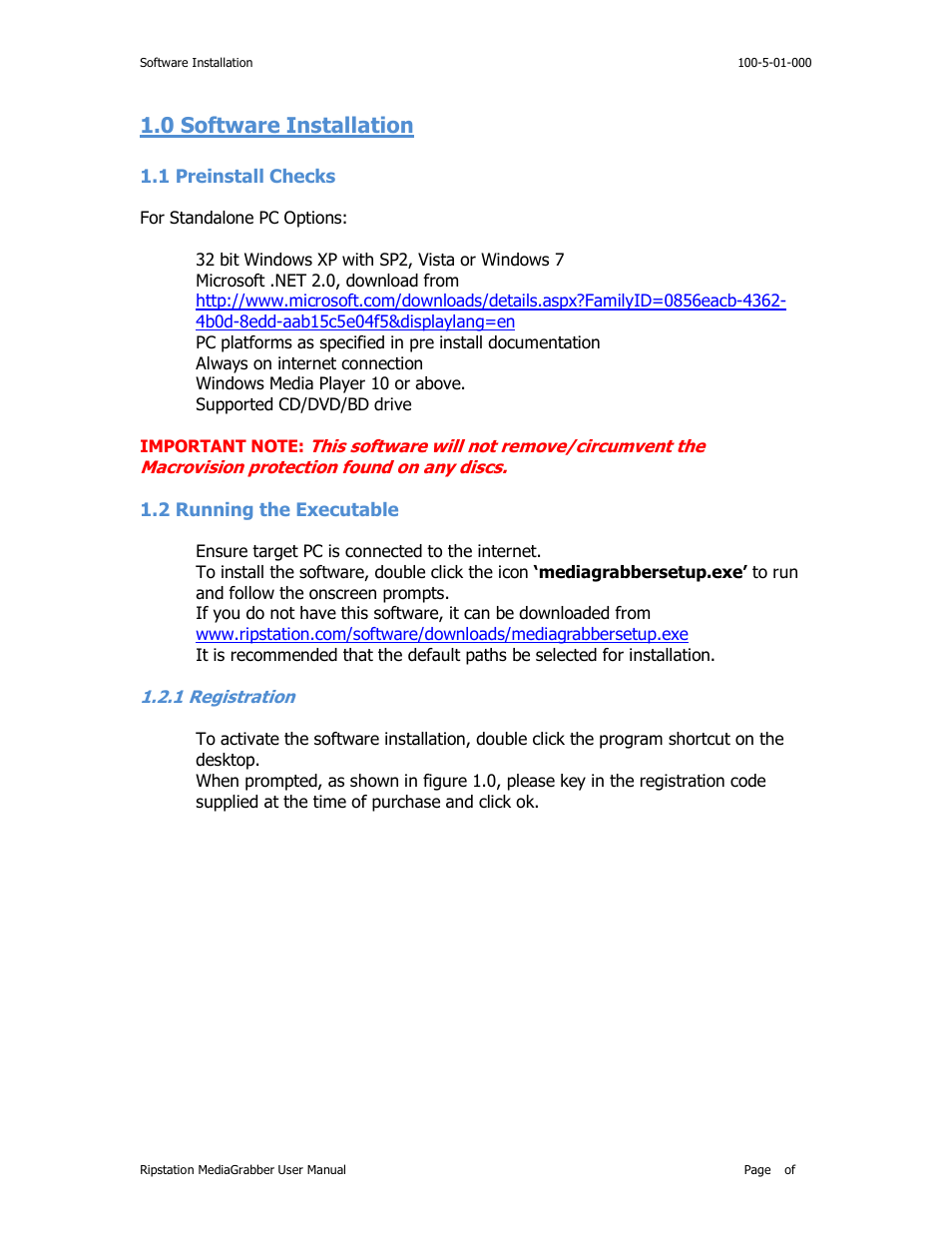 0 software installation 8, 1 preinstall checks 8, 2 running the executable 8 | 1 registration 8, 0 software installation, Reinstall, Hecks, Unning the, Xecutable, Egistration | MF Digital Ripstation MediaGrabber V1.0.29.0 User Manual | Page 8 / 33