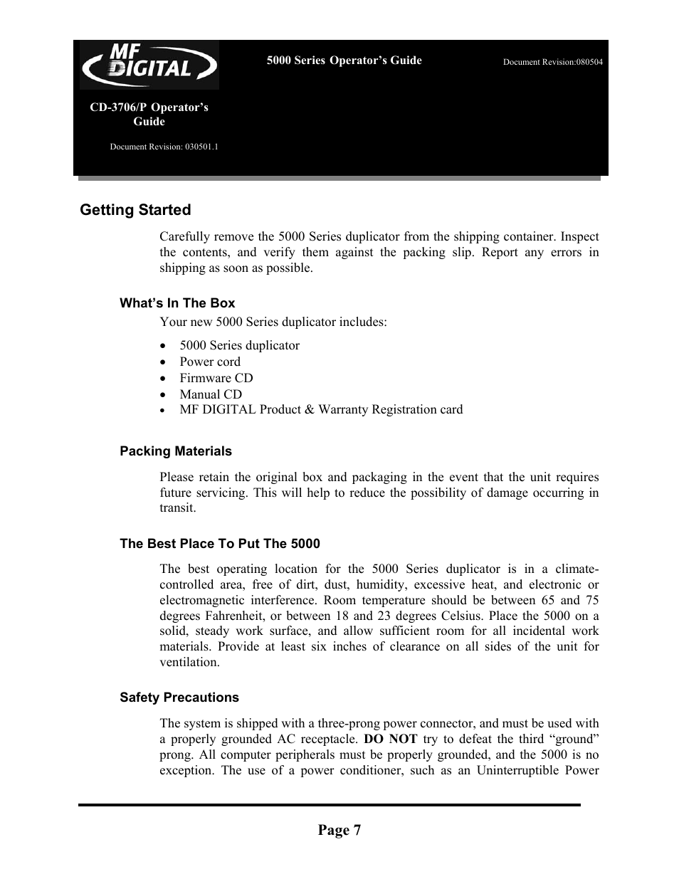 Page 7 getting started | MF Digital 5000 Series User Manual | Page 8 / 65