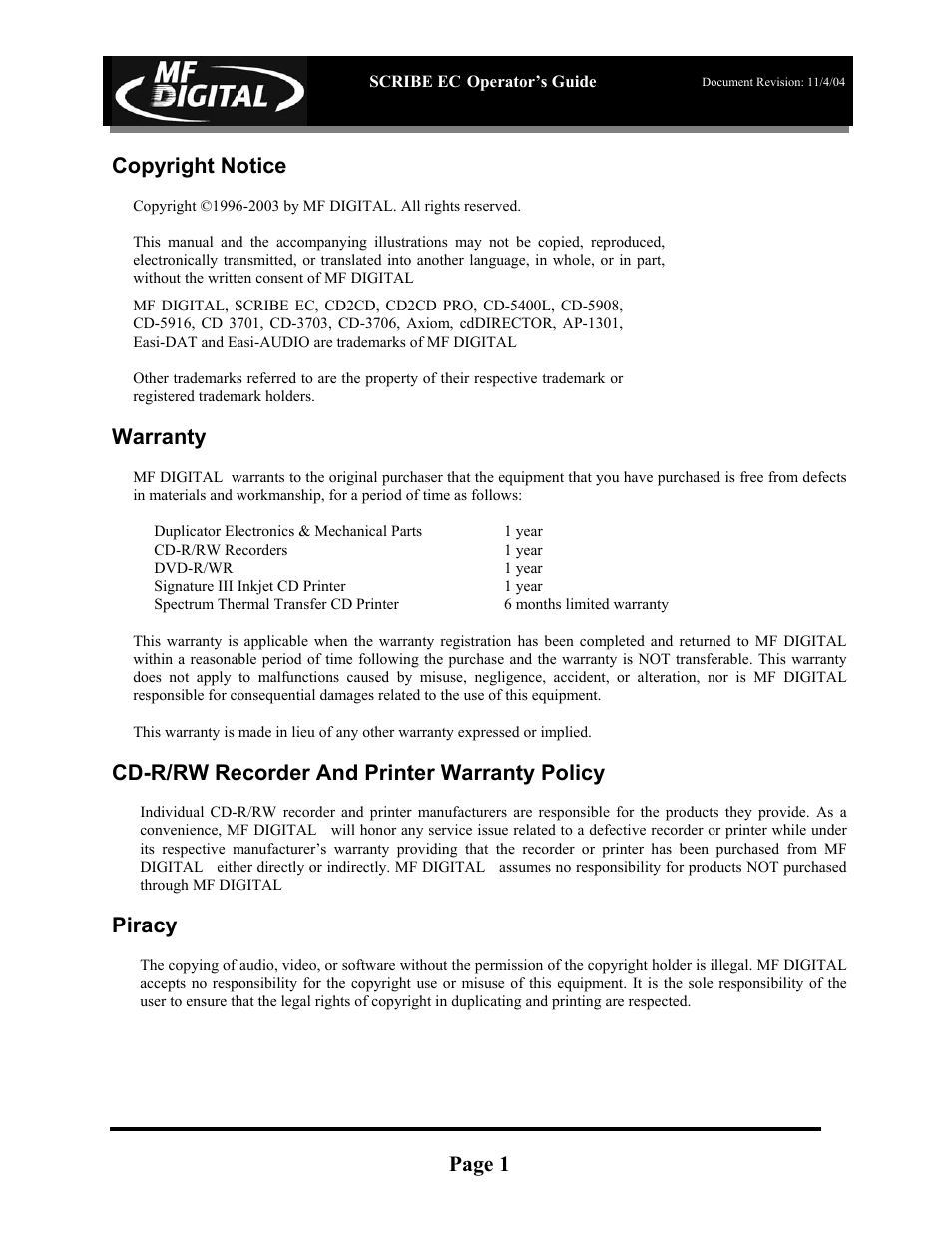 Page 1 copyright notice, Warranty, Cd-r/rw recorder and printer warranty policy | Piracy | MF Digital SCRIBE EC PC-Based Series User Manual | Page 2 / 91