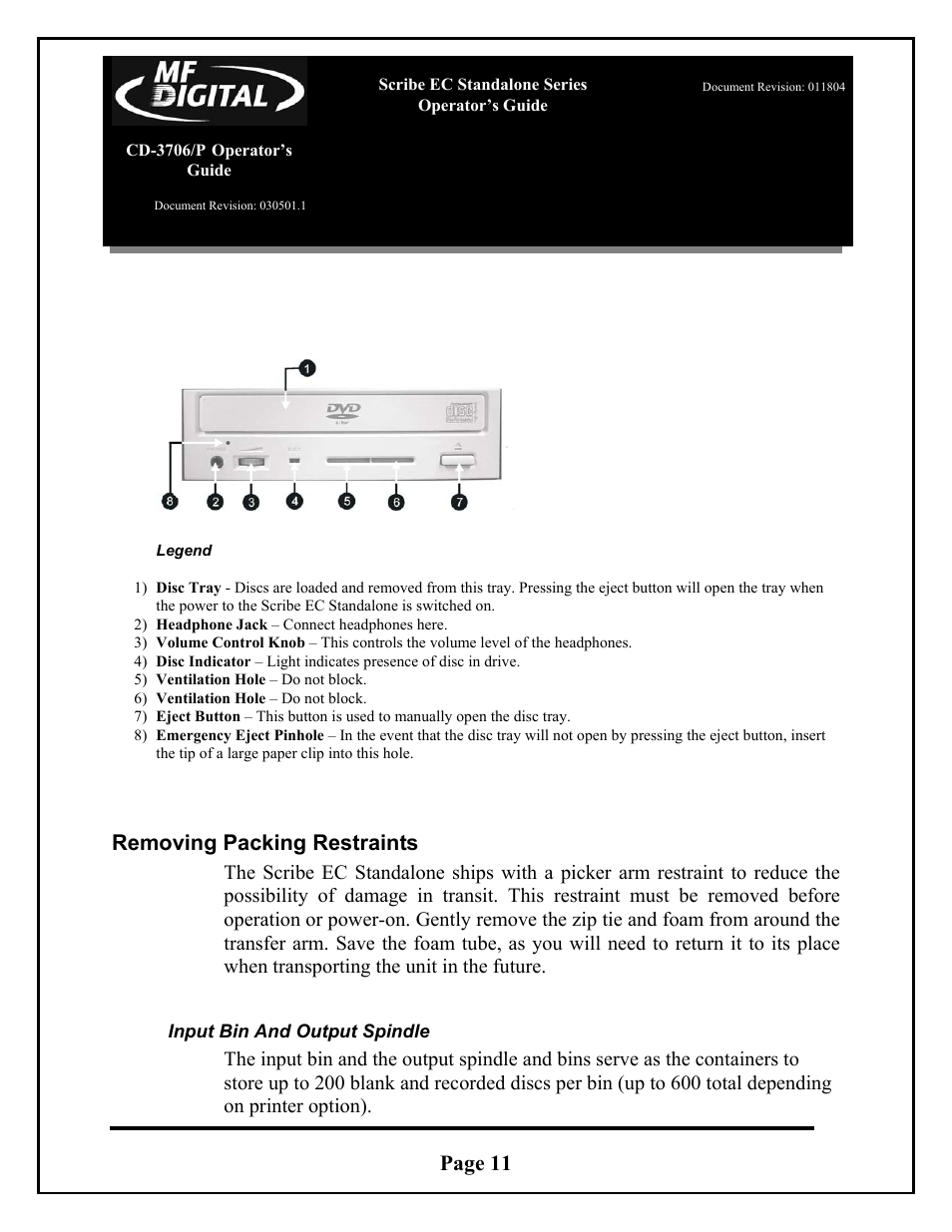 Page 11, Removing packing restraints | MF Digital SCRIBE EC_PC_manual User Manual | Page 11 / 63