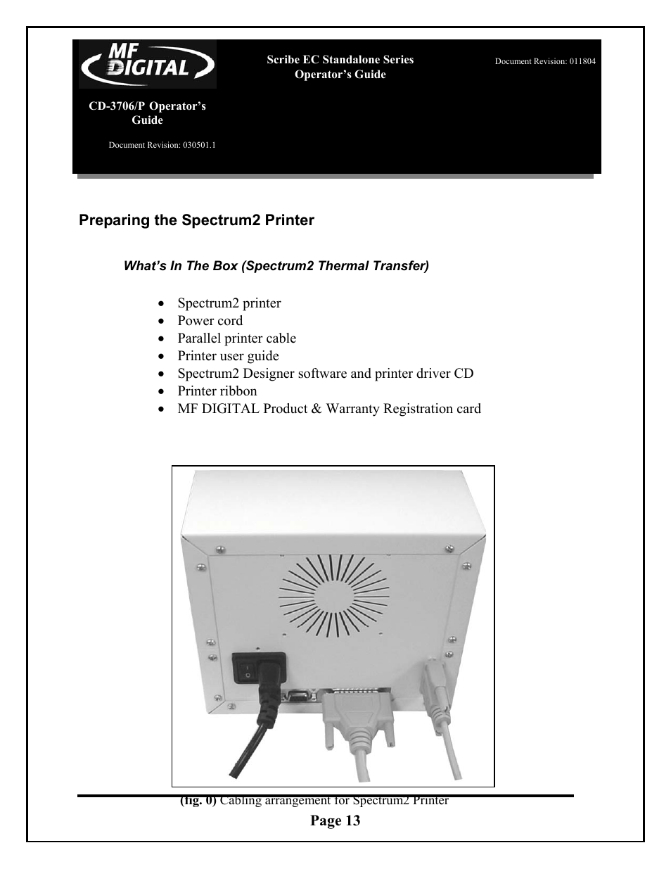 Page 13 preparing the spectrum2 printer | MF Digital SCRIBE EC_PC_manual User Manual | Page 13 / 63