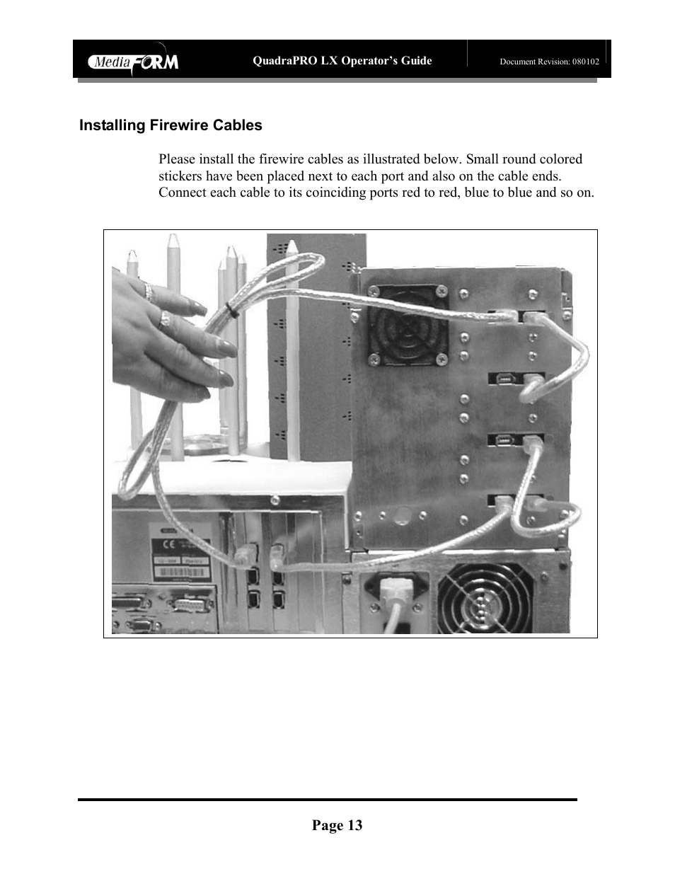 Page 13, Installing firewire cables, Cd-3706/p operator’s guide | Quadrapro lx operator’s guide | MF Digital CD-QuadraPRO (Rev: 08/01/02) User Manual | Page 14 / 55