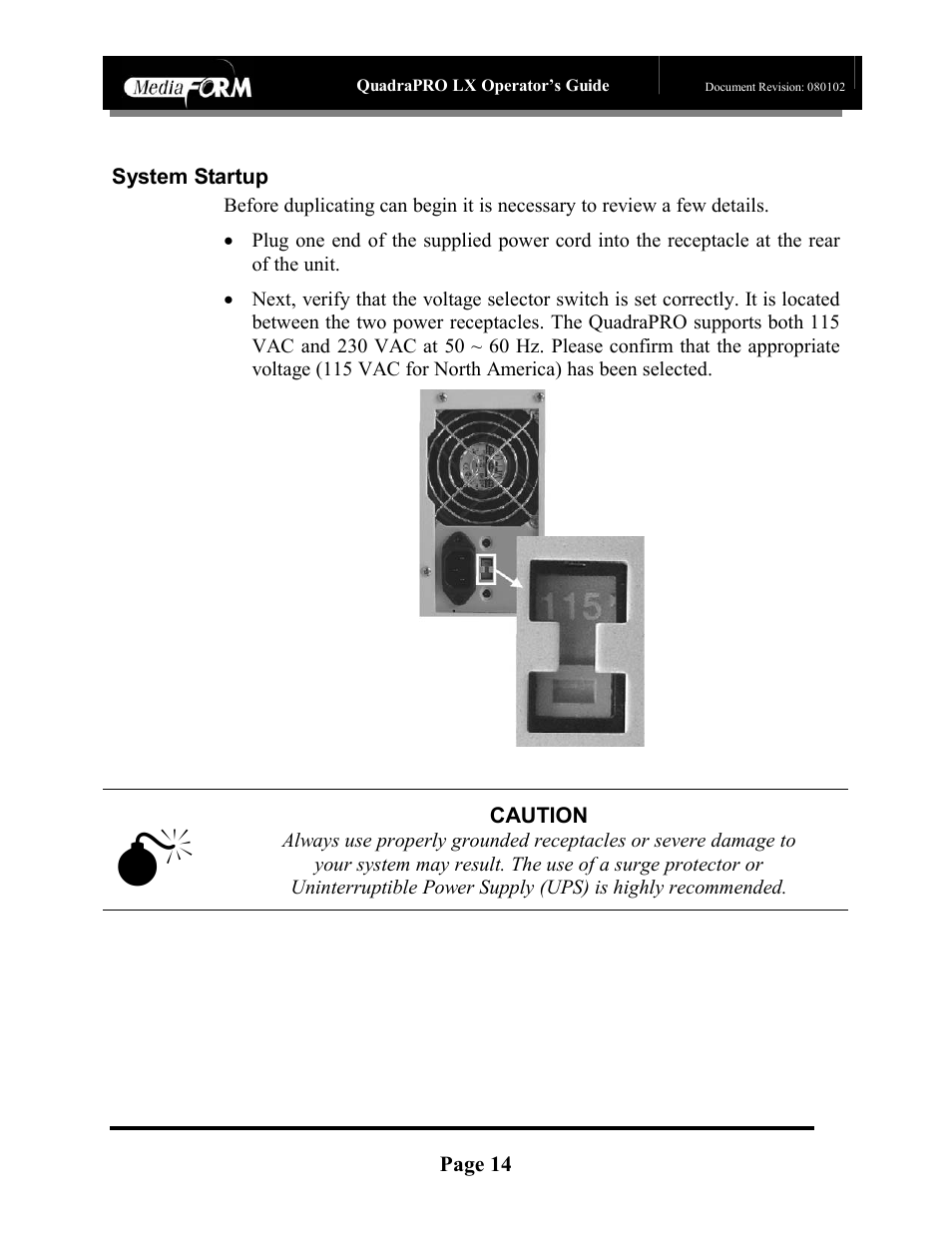 Page 14, System startup, Caution | MF Digital CD-QuadraPRO (Rev: 08/01/02) User Manual | Page 15 / 55