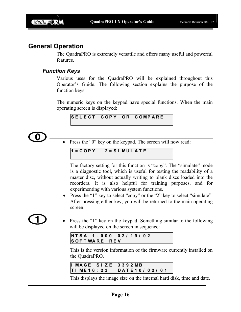General operation, Page 16, Function keys | MF Digital CD-QuadraPRO (Rev: 08/01/02) User Manual | Page 17 / 55