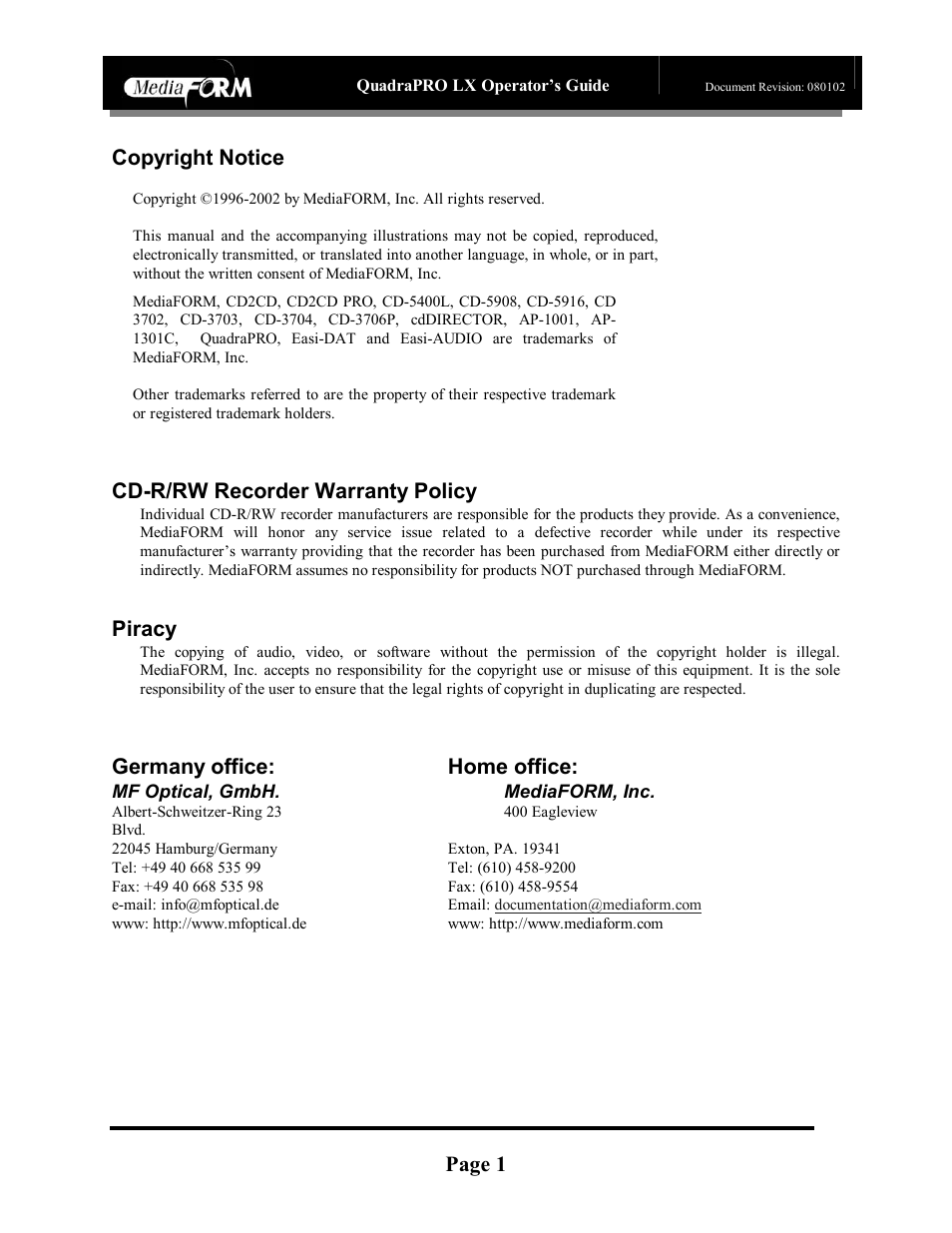 Page 1, Copyright notice, Cd-r/rw recorder warranty policy | Piracy, Germany office: home office | MF Digital CD-QuadraPRO (Rev: 08/01/02) User Manual | Page 2 / 55