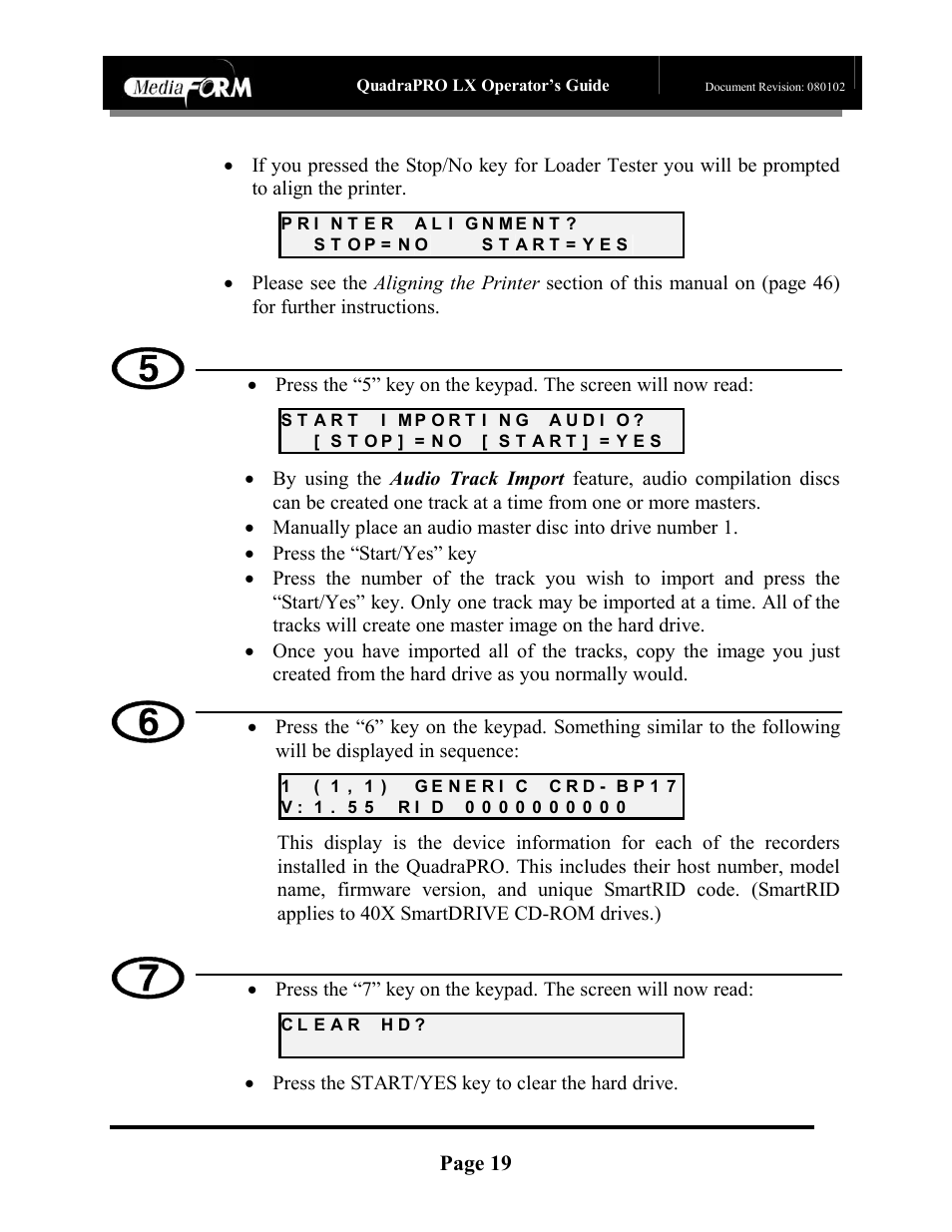 Page 19, Press the start/yes key to clear the hard drive | MF Digital CD-QuadraPRO (Rev: 08/01/02) User Manual | Page 20 / 55