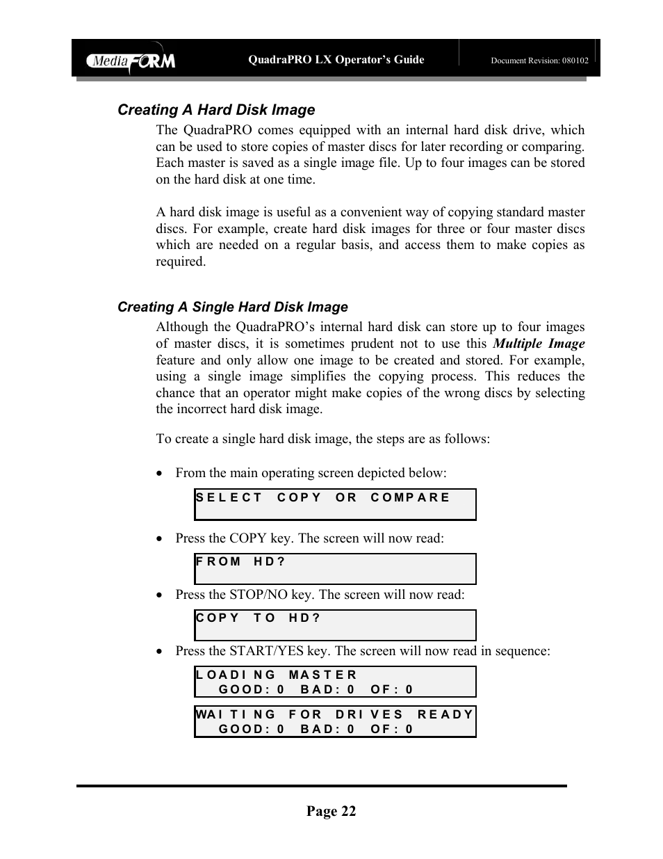 Page 22, Creating a hard disk image, Press the copy key. the screen will now read | Press the stop/no key. the screen will now read | MF Digital CD-QuadraPRO (Rev: 08/01/02) User Manual | Page 23 / 55