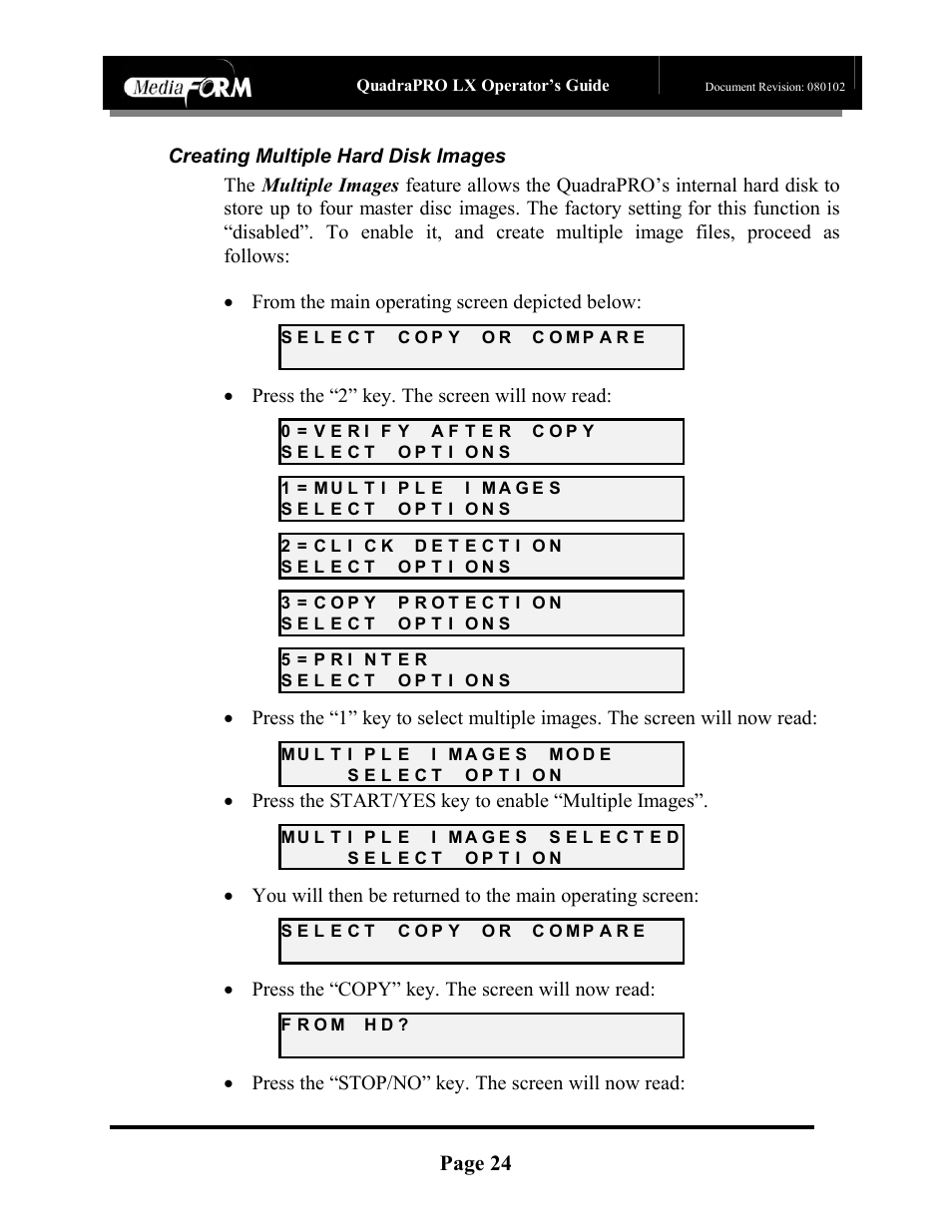 Page 24, Press the “2” key. the screen will now read, Press the start/yes key to enable “multiple images | Press the “copy” key. the screen will now read, Press the “stop/no” key. the screen will now read | MF Digital CD-QuadraPRO (Rev: 08/01/02) User Manual | Page 25 / 55
