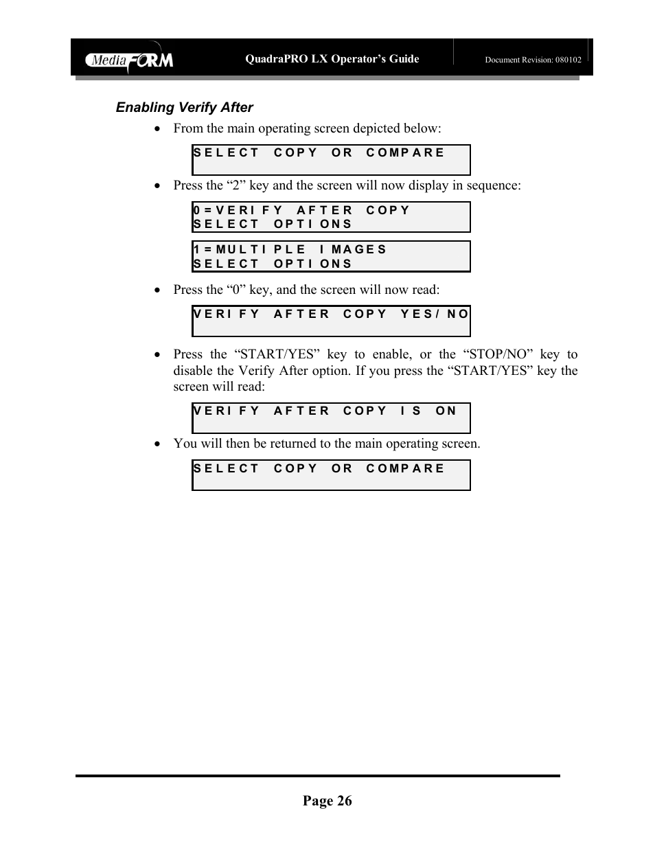 Page 26, Press the “0” key, and the screen will now read | MF Digital CD-QuadraPRO (Rev: 08/01/02) User Manual | Page 27 / 55