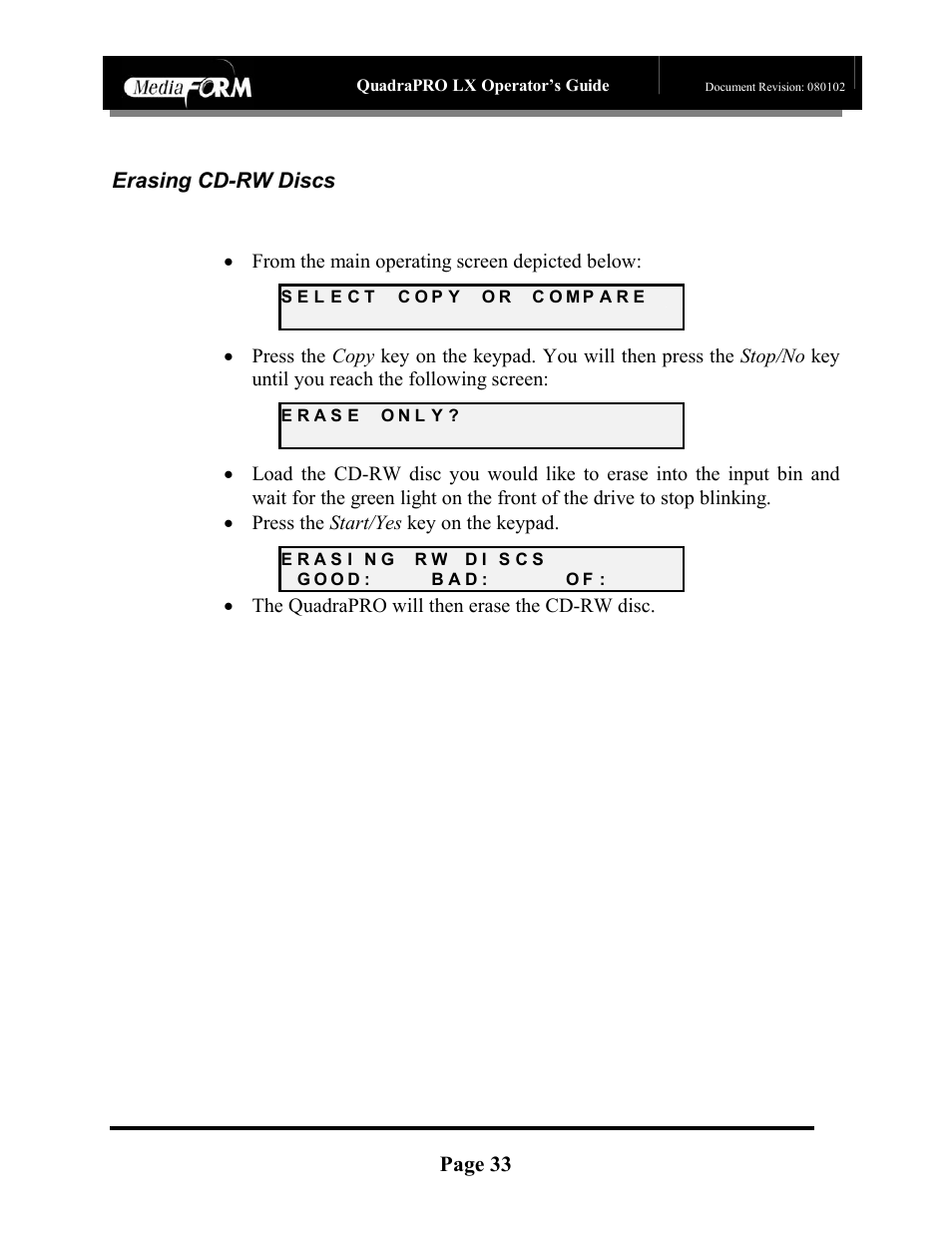 Page 33, Erasing cd-rw discs, The quadrapro will then erase the cd-rw disc | MF Digital CD-QuadraPRO (Rev: 08/01/02) User Manual | Page 34 / 55