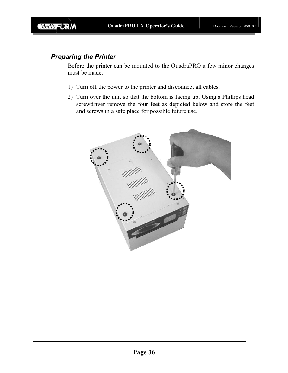 Page 36, Preparing the printer | MF Digital CD-QuadraPRO (Rev: 08/01/02) User Manual | Page 37 / 55