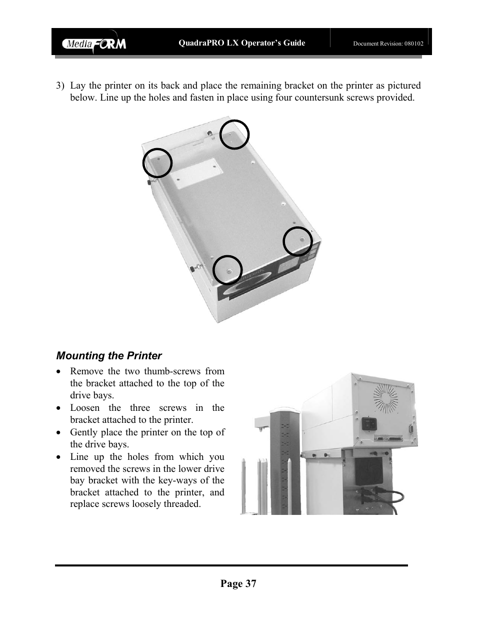 Page 37, Mounting the printer | MF Digital CD-QuadraPRO (Rev: 08/01/02) User Manual | Page 38 / 55