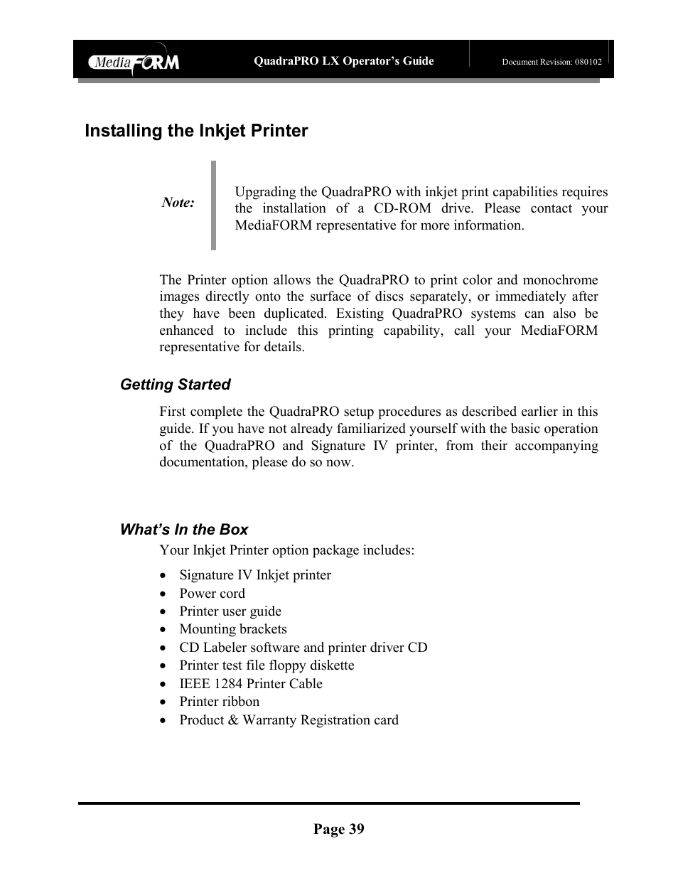 Installing the inkjet printer, Page 39, Getting started | What’s in the box | MF Digital CD-QuadraPRO (Rev: 08/01/02) User Manual | Page 40 / 55