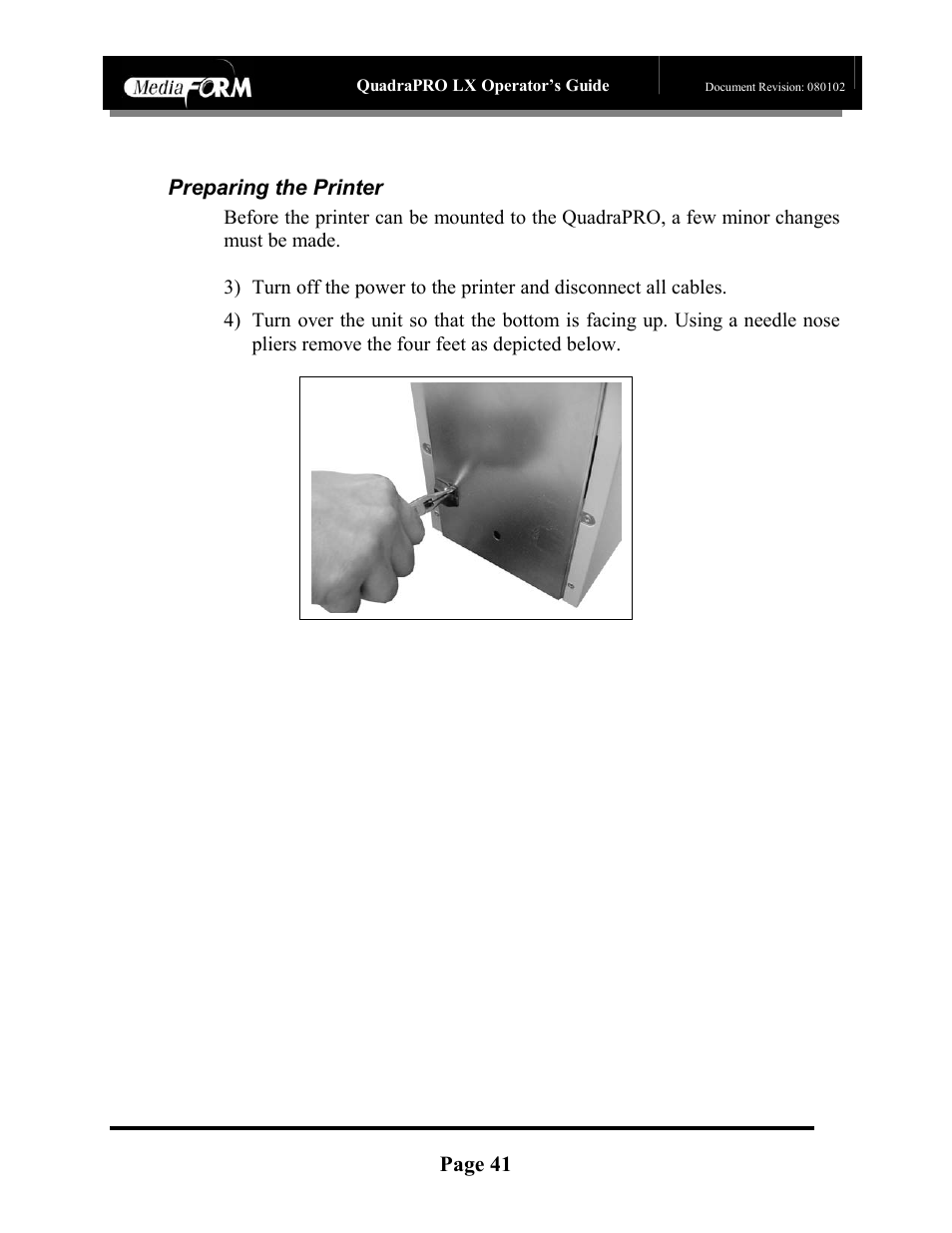 Page 41, Preparing the printer | MF Digital CD-QuadraPRO (Rev: 08/01/02) User Manual | Page 42 / 55