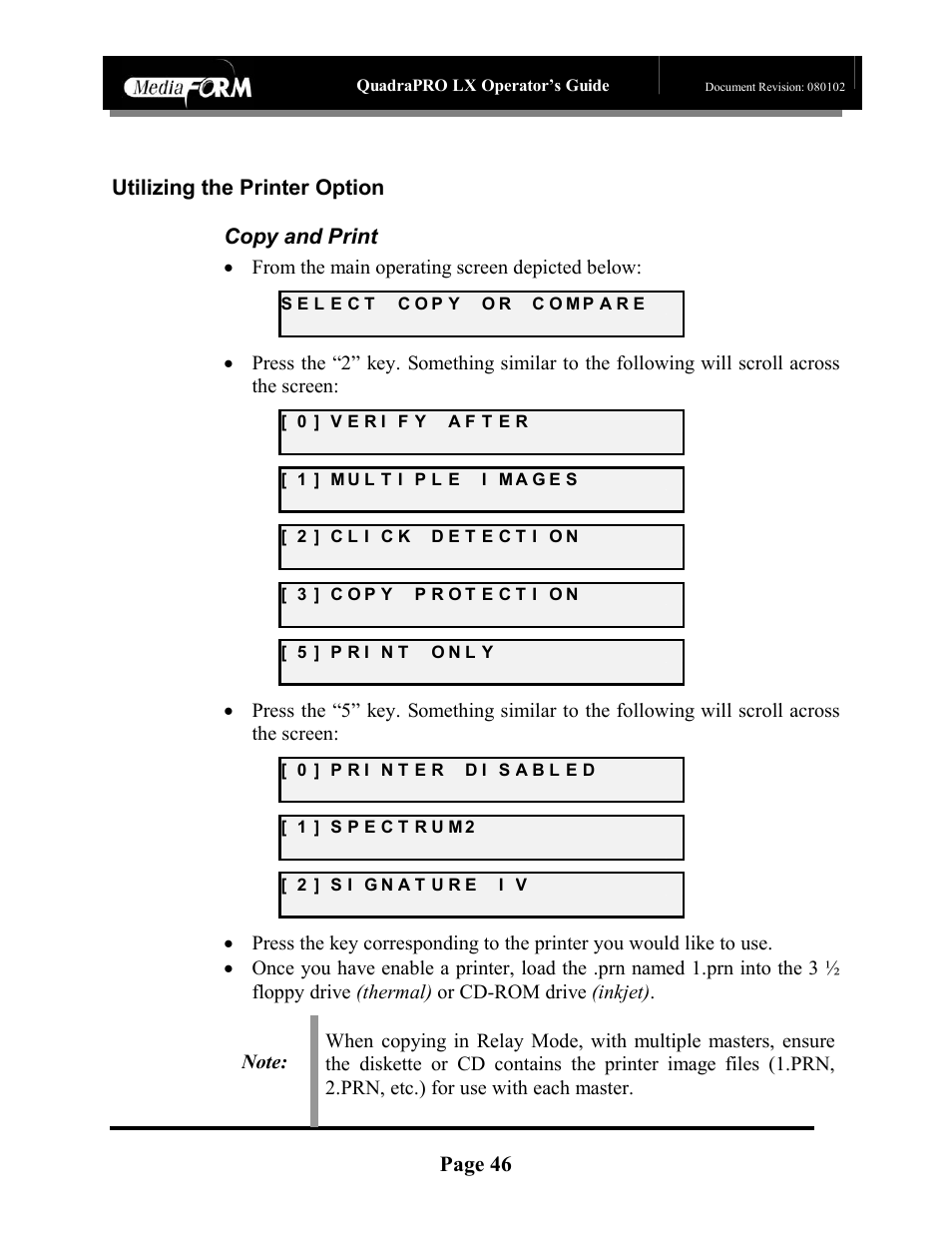 Page 46, Utilizing the printer option copy and print | MF Digital CD-QuadraPRO (Rev: 08/01/02) User Manual | Page 47 / 55