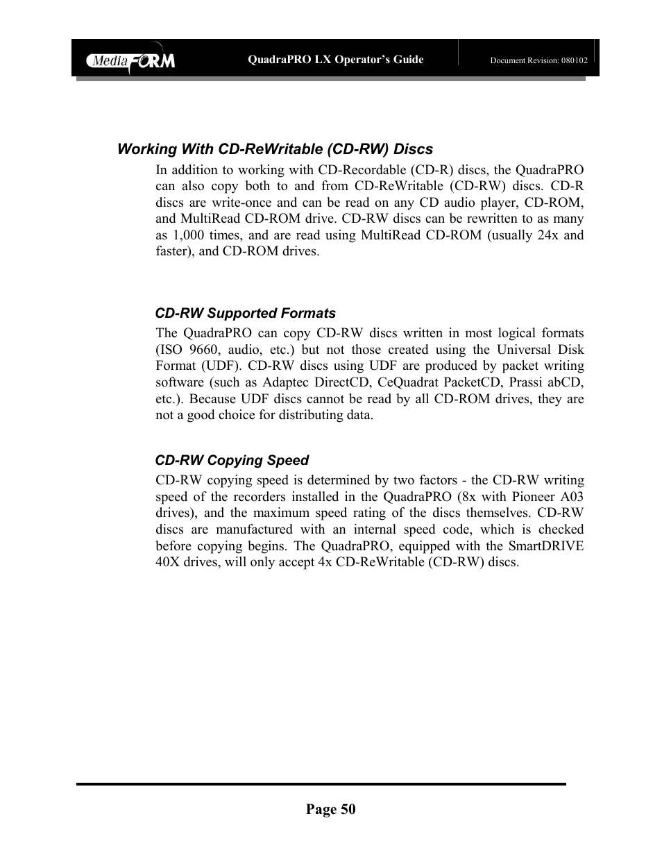 Page 50, Working with cd-rewritable (cd-rw) discs | MF Digital CD-QuadraPRO (Rev: 08/01/02) User Manual | Page 51 / 55