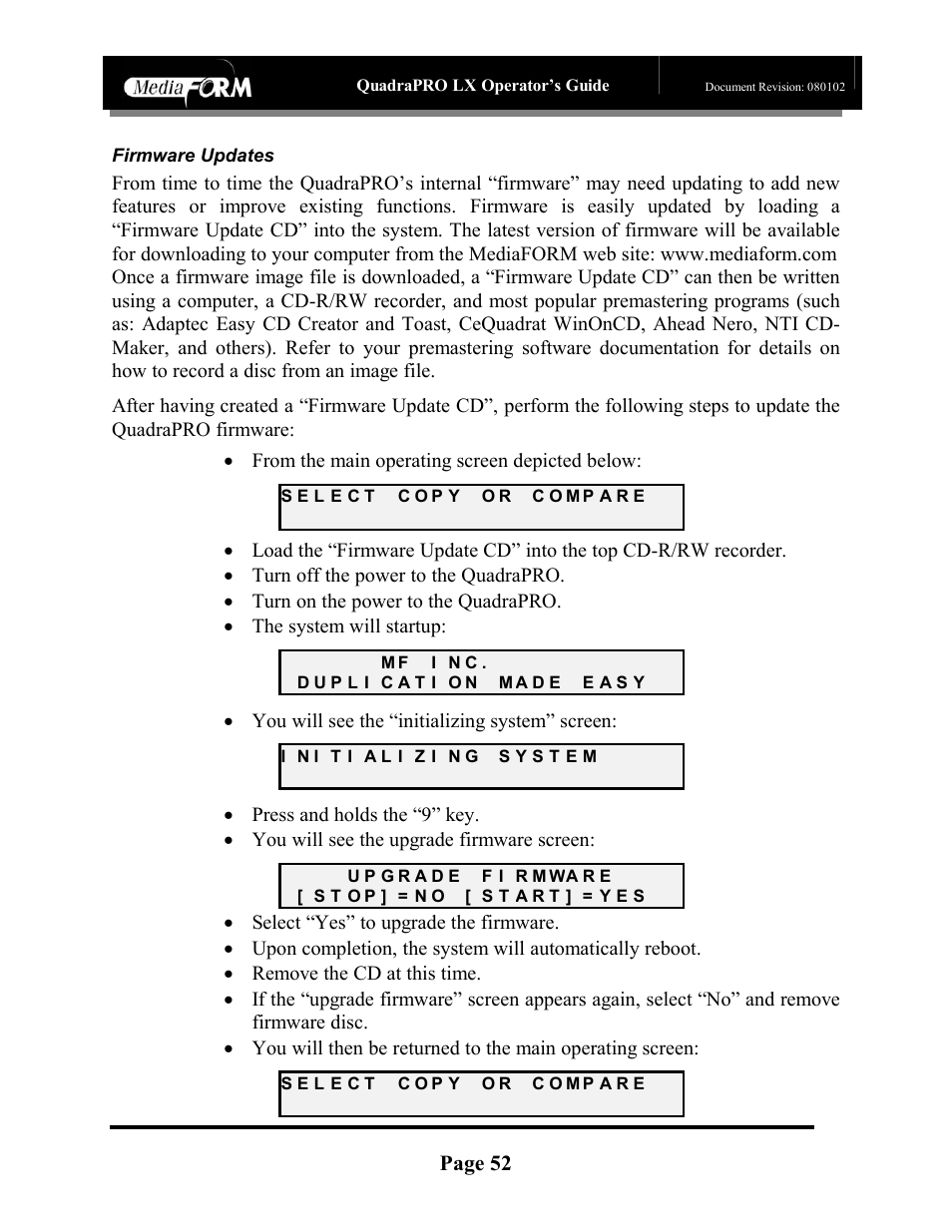 Page 52, You will see the “initializing system” screen, Firmware updates | MF Digital CD-QuadraPRO (Rev: 08/01/02) User Manual | Page 53 / 55