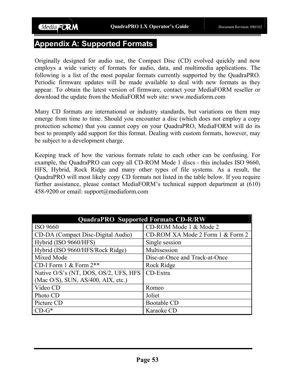 Appendix a: supported formats, Page 53, Quadrapro supported formats cd-r/rw | MF Digital CD-QuadraPRO (Rev: 08/01/02) User Manual | Page 54 / 55